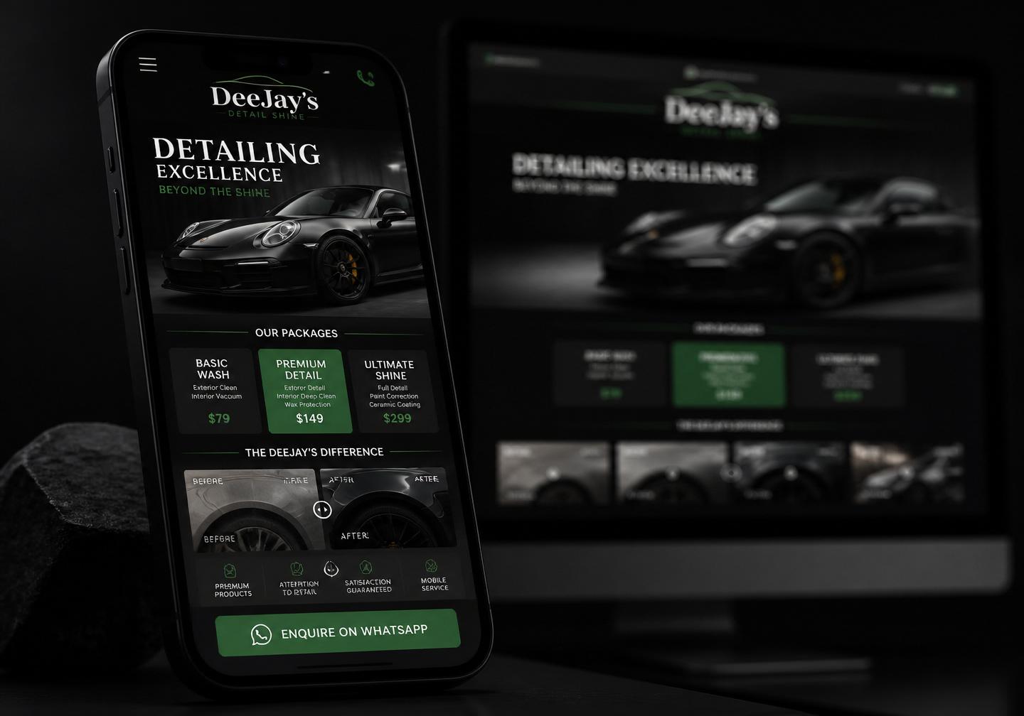 Mobile and desktop preview of the DeeJay's Detail Shine website showing a black sports car hero, detailing packages and WhatsApp enquiry button
