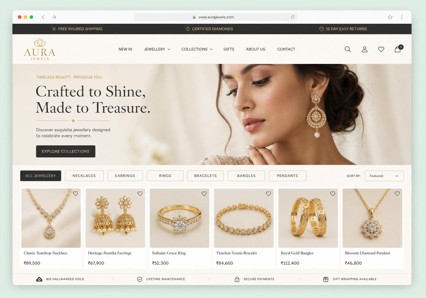 Desktop view of the Nooré Jewellery catalogue demo showing a hero banner, category filters and product grid