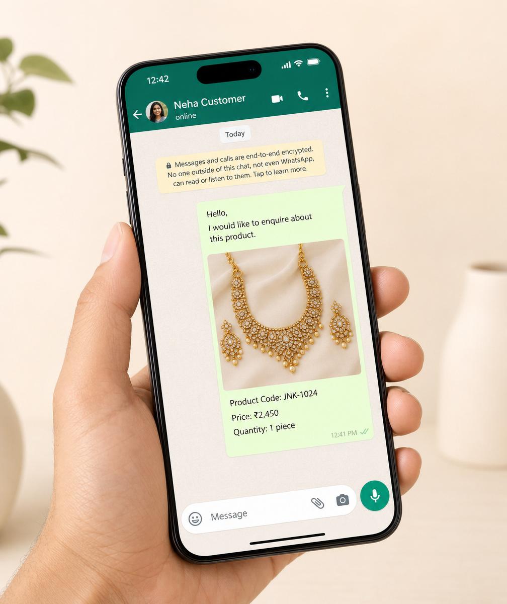 The WhatsApp order flow: a pre-filled enquiry with product image, code, price and quantity